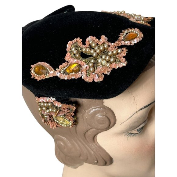 1950s black velvet cap embellished with sequins faux jewels faux pearls main image 7